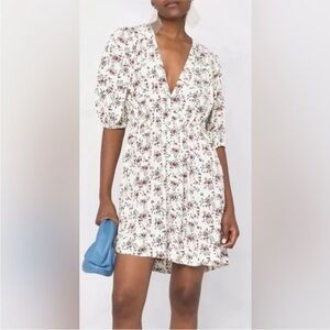 Ganni White Floral Mini Dress with Burgundy and Green Print